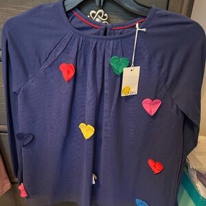 New! Mini Boden Starboard Blue Flutter Hearts girls 11-12yr long sleeve top NWT